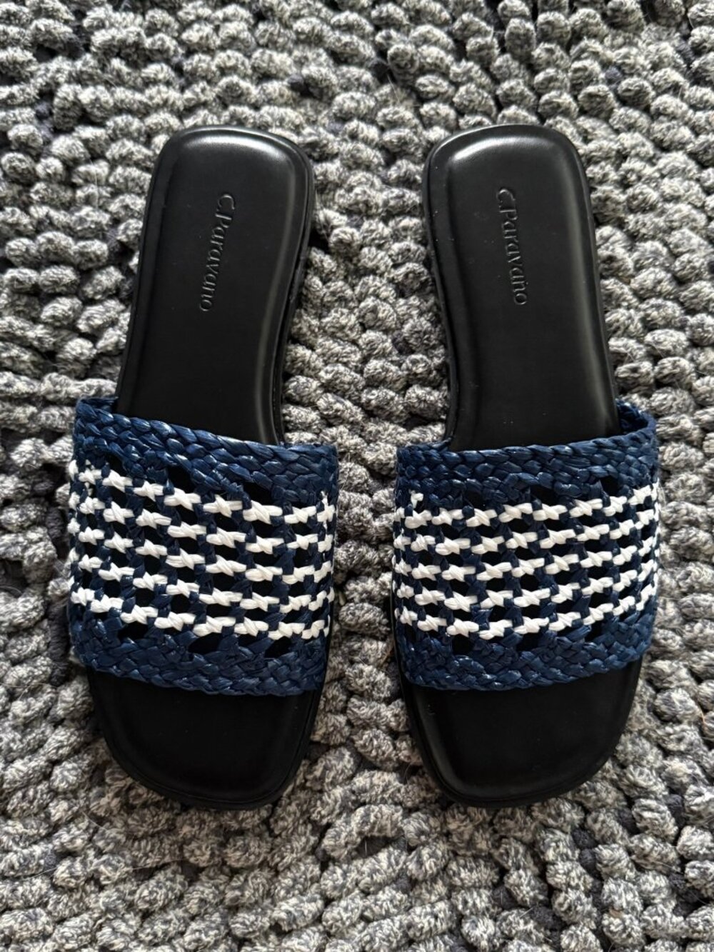 C.Paravano Navy & White Woven Raffia Slide Sandals Flats Sz 6.5 NEW!